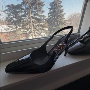 Versace Black Slingback Heels with Gold Accents